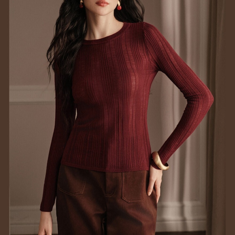 Burgundy Ribbed Knit Round Neck Slim Fit Long Sleeve Sweater